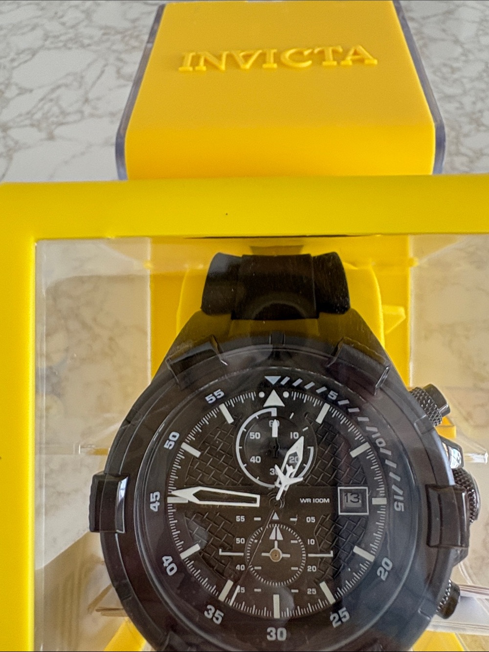 Invicta Men's Black Dial Chronograph Watch with Yellow Box